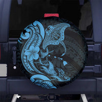 Hawaiian Manta Rays Spare Tire Cover Tribal Hibiscus Polynesian Tattoos Blue Color LT03 No hole Blue - Polynesian Pride