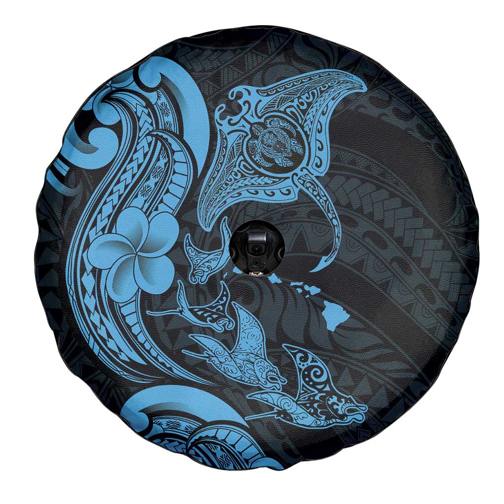 Hawaiian Manta Rays Spare Tire Cover Tribal Hibiscus Polynesian Tattoos Blue Color LT03 - Polynesian Pride