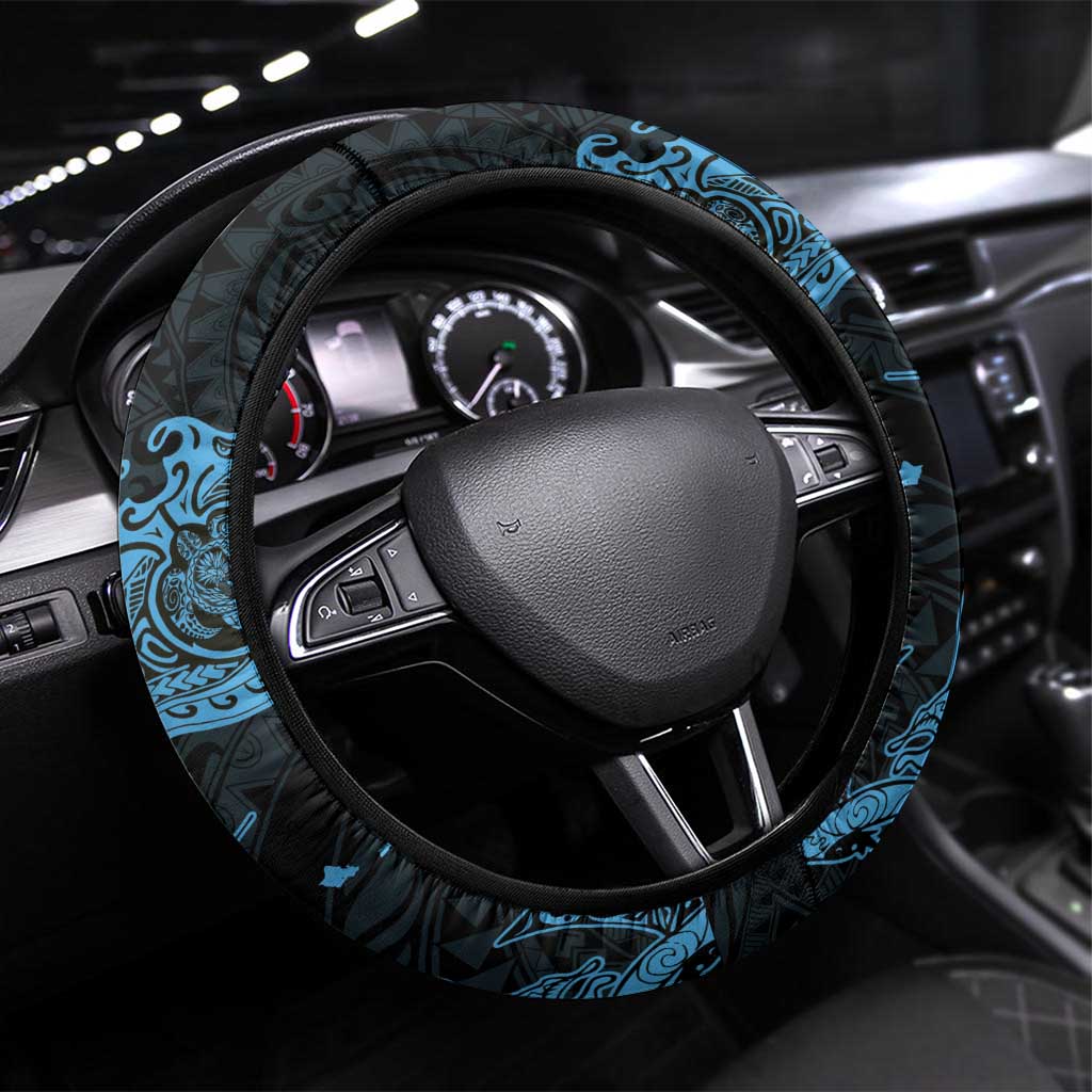 Hawaiian Manta Rays Steering Wheel Cover Tribal Hibiscus Polynesian Tattoos Blue Color LT03 Universal Fit Blue - Polynesian Pride