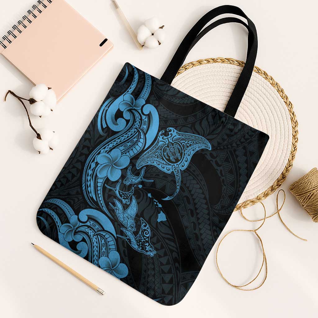 Hawaiian Manta Rays Tote Bag Tribal Hibiscus Polynesian Tattoos Blue Color LT03 Black Strap One Size Blue - Polynesian Pride