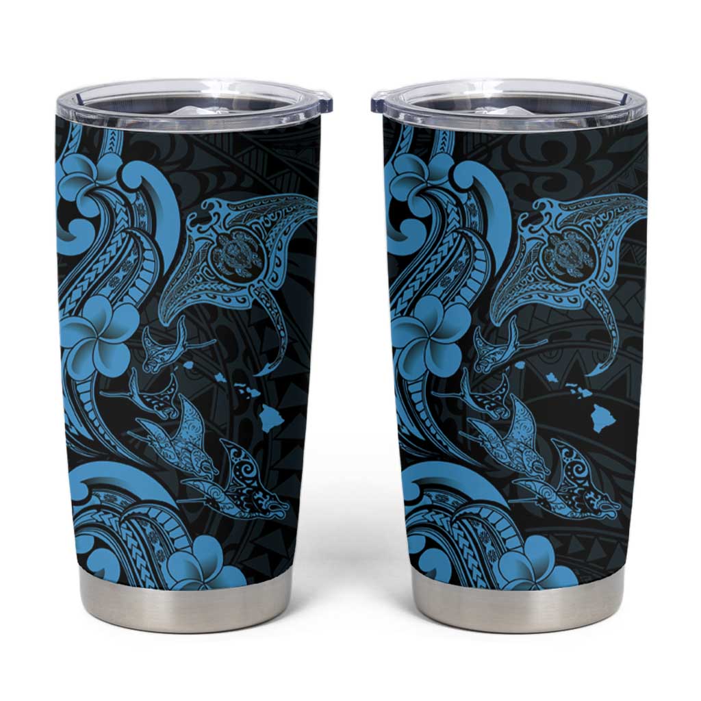 Hawaiian Manta Rays Tumbler Cup Tribal Hibiscus Polynesian Tattoos Blue Color LT03 Blue - Polynesian Pride