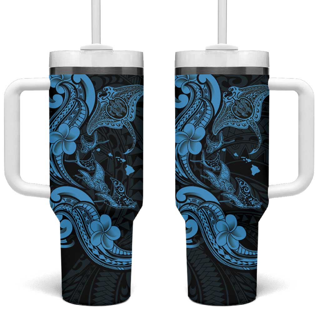 Hawaiian Manta Rays Tumbler With Handle Tribal Hibiscus Polynesian Tattoos Blue Color LT03 One Size: 40 oz Blue - Polynesian Pride