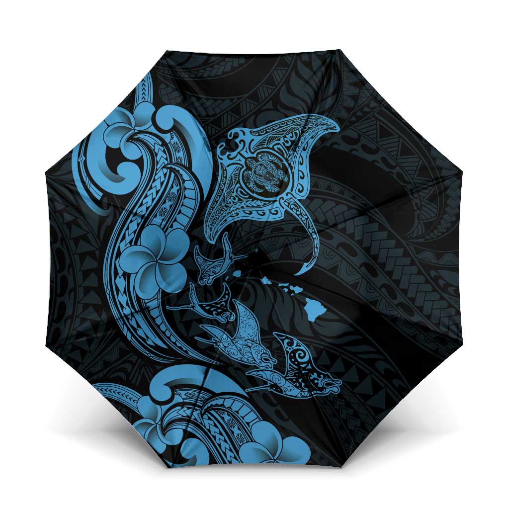 Hawaiian Manta Rays Umbrella Tribal Hibiscus Polynesian Tattoos Blue Color LT03 One Size Folded 11.42 inch Opened Diameter 37.4 inch Blue - Polynesian Pride