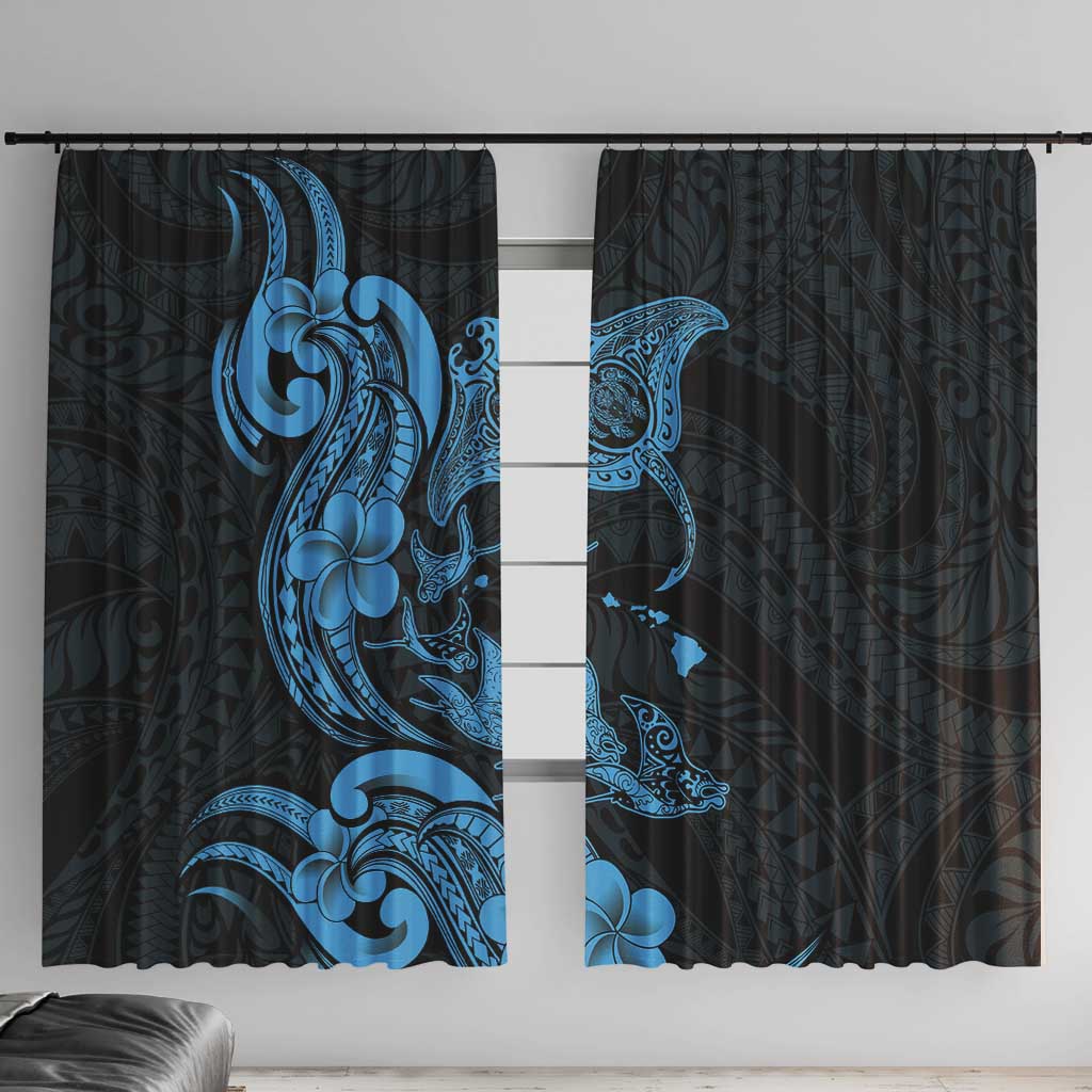 Hawaiian Manta Rays Window Curtain Tribal Hibiscus Polynesian Tattoos Blue Color LT03 With Hooks Blue - Polynesian Pride