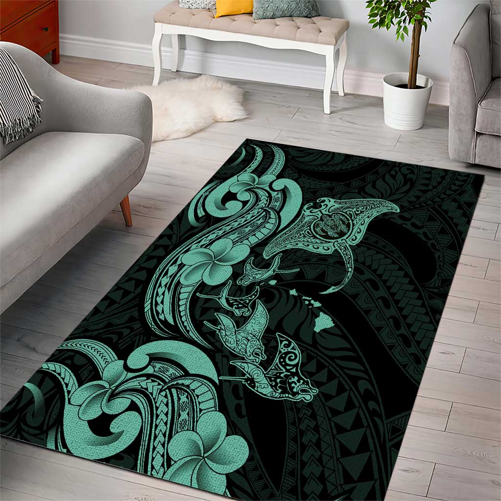 Hawaiian Manta Rays Area Rug Tribal Hibiscus Polynesian Tattoos Turquoise Color LT03 - Polynesian Pride