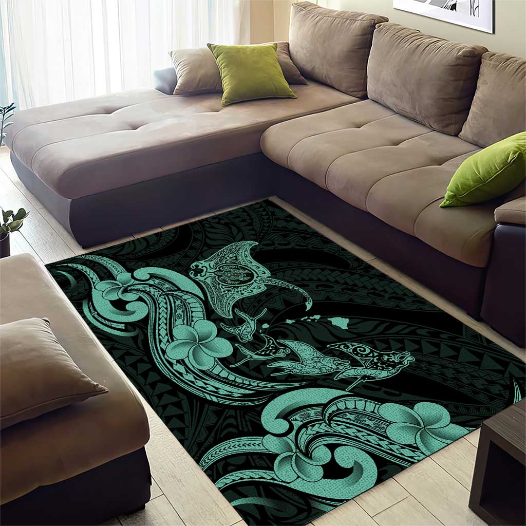 Hawaiian Manta Rays Area Rug Tribal Hibiscus Polynesian Tattoos Turquoise Color LT03 - Polynesian Pride