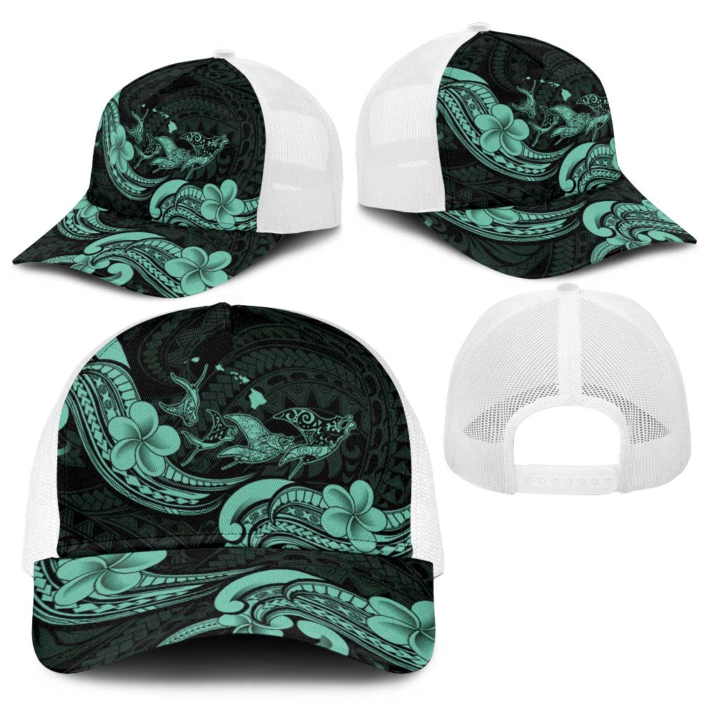 Hawaiian Manta Rays Baseball Net Cap Tribal Hibiscus Polynesian Tattoos Turquoise Color LT03 - Polynesian Pride