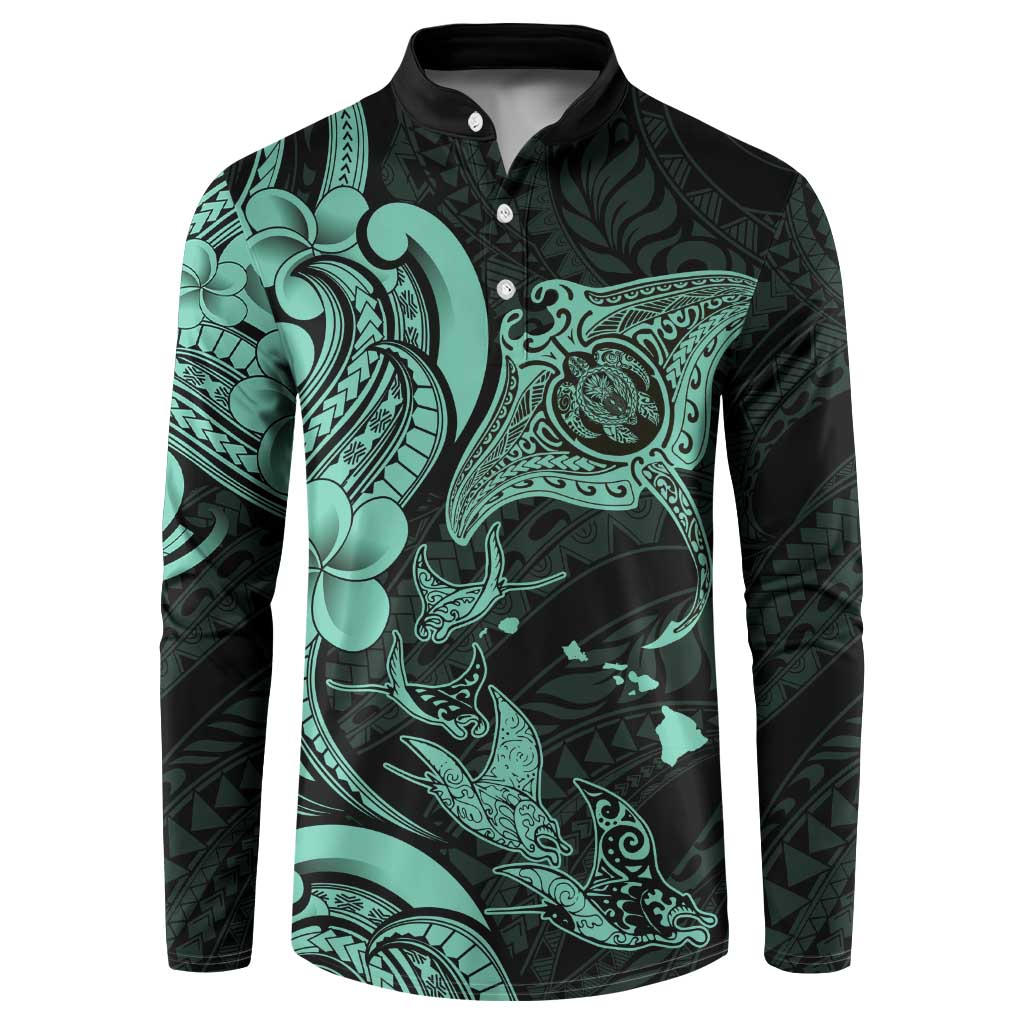 Hawaiian Manta Rays Button Sweatshirt Tribal Hibiscus Polynesian Tattoos Turquoise Color LT03 Turquoise - Polynesian Pride