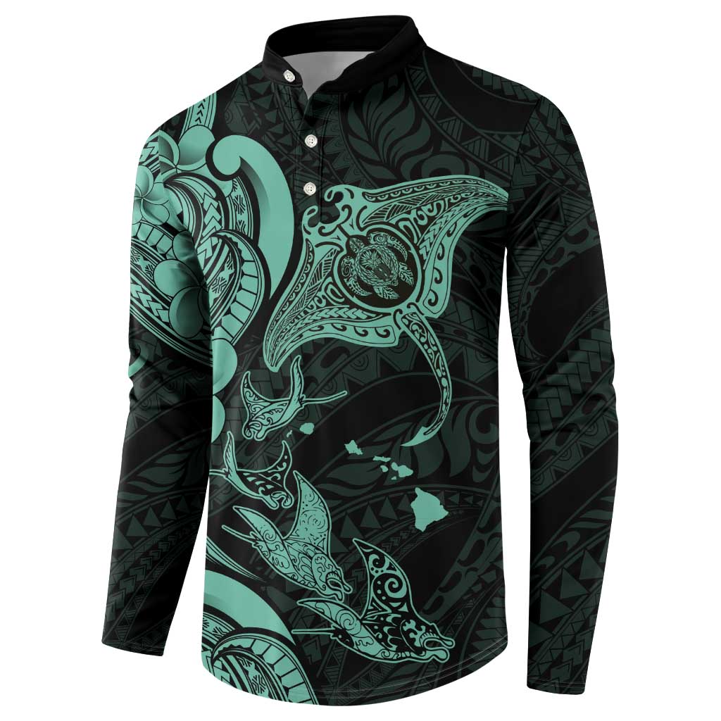 Hawaiian Manta Rays Button Sweatshirt Tribal Hibiscus Polynesian Tattoos Turquoise Color LT03 - Polynesian Pride
