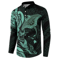 Hawaiian Manta Rays Button Sweatshirt Tribal Hibiscus Polynesian Tattoos Turquoise Color LT03 - Polynesian Pride
