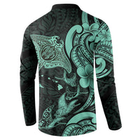 Hawaiian Manta Rays Button Sweatshirt Tribal Hibiscus Polynesian Tattoos Turquoise Color LT03 - Polynesian Pride