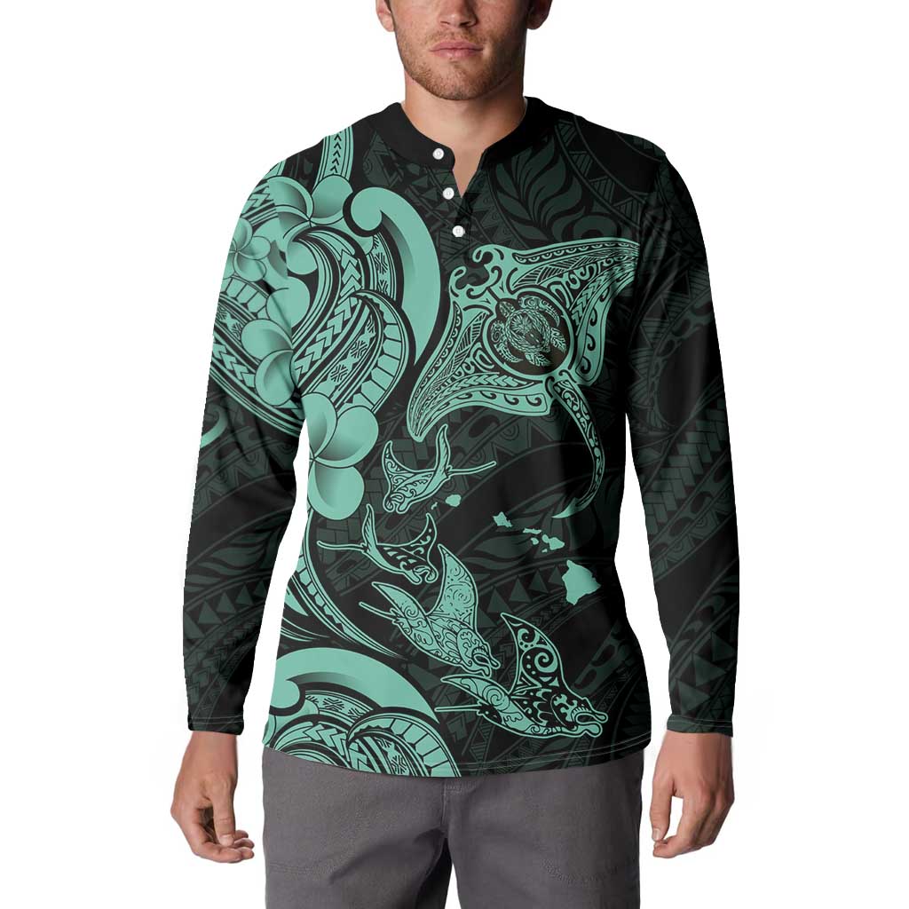 Hawaiian Manta Rays Button Sweatshirt Tribal Hibiscus Polynesian Tattoos Turquoise Color LT03 - Polynesian Pride