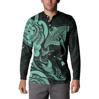 Hawaiian Manta Rays Button Sweatshirt Tribal Hibiscus Polynesian Tattoos Turquoise Color LT03 - Polynesian Pride