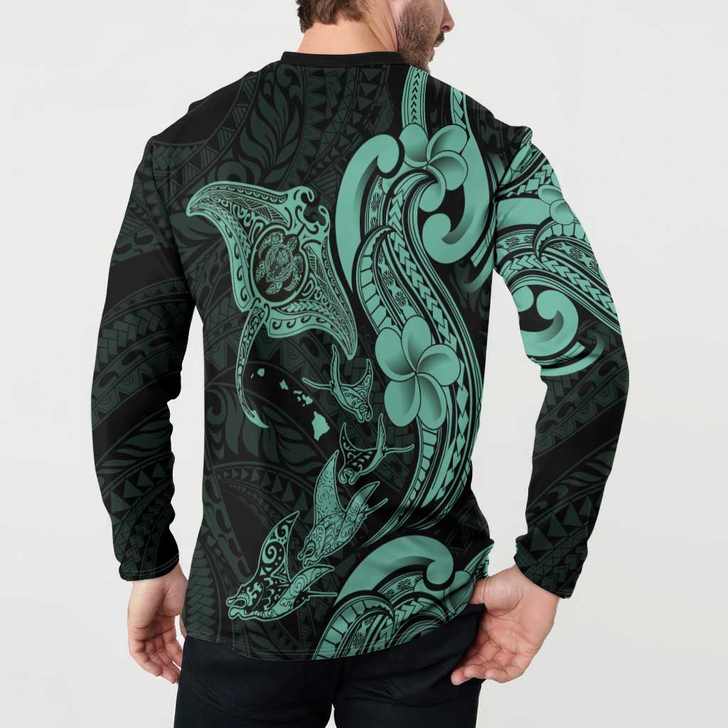 Hawaiian Manta Rays Button Sweatshirt Tribal Hibiscus Polynesian Tattoos Turquoise Color LT03 - Polynesian Pride