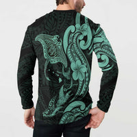 Hawaiian Manta Rays Button Sweatshirt Tribal Hibiscus Polynesian Tattoos Turquoise Color LT03 - Polynesian Pride