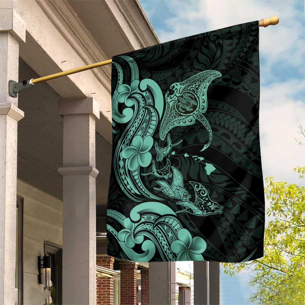 Hawaiian Manta Rays Garden Flag Tribal Hibiscus Polynesian Tattoos Turquoise Color LT03 House Flag Turquoise - Polynesian Pride