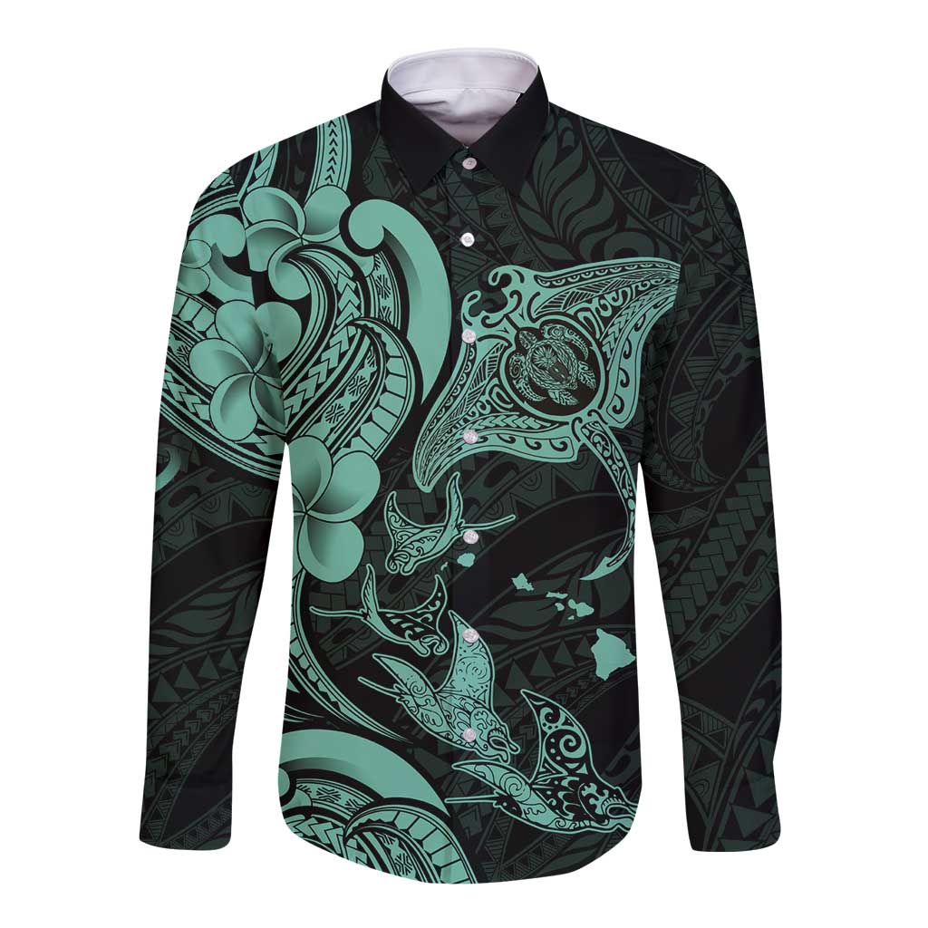 Hawaiian Manta Rays Long Sleeve Button Shirt Tribal Hibiscus Polynesian Tattoos Turquoise Color LT03 Unisex Turquoise - Polynesian Pride