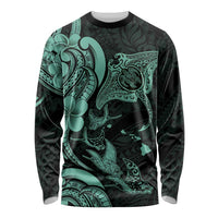 Hawaiian Manta Rays Long Sleeve Shirt Tribal Hibiscus Polynesian Tattoos Turquoise Color LT03 Unisex Turquoise - Polynesian Pride