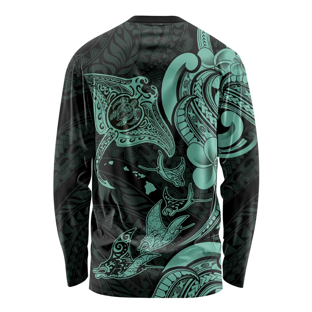 Hawaiian Manta Rays Long Sleeve Shirt Tribal Hibiscus Polynesian Tattoos Turquoise Color LT03 - Polynesian Pride