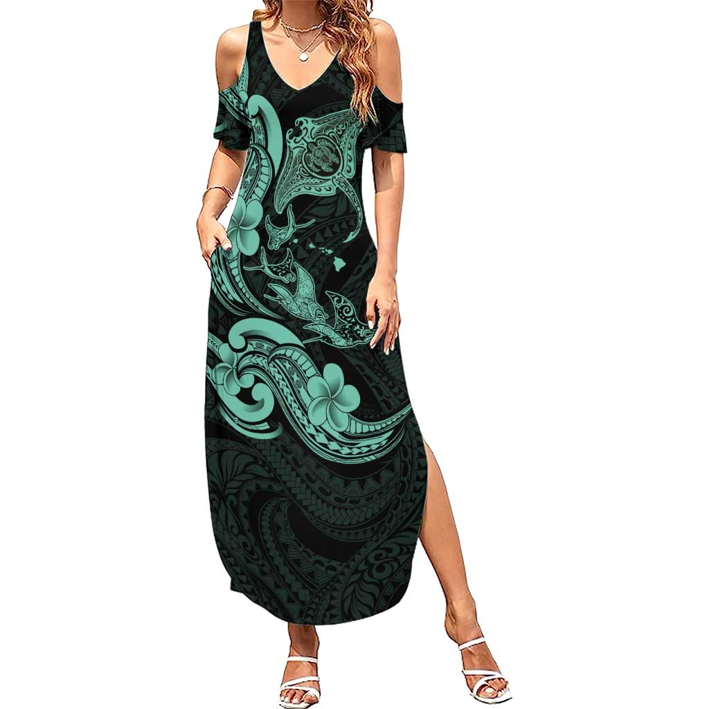 Hawaiian Manta Rays Summer Maxi Dress Tribal Hibiscus Polynesian Tattoos Turquoise Color LT03 Women Turquoise - Polynesian Pride