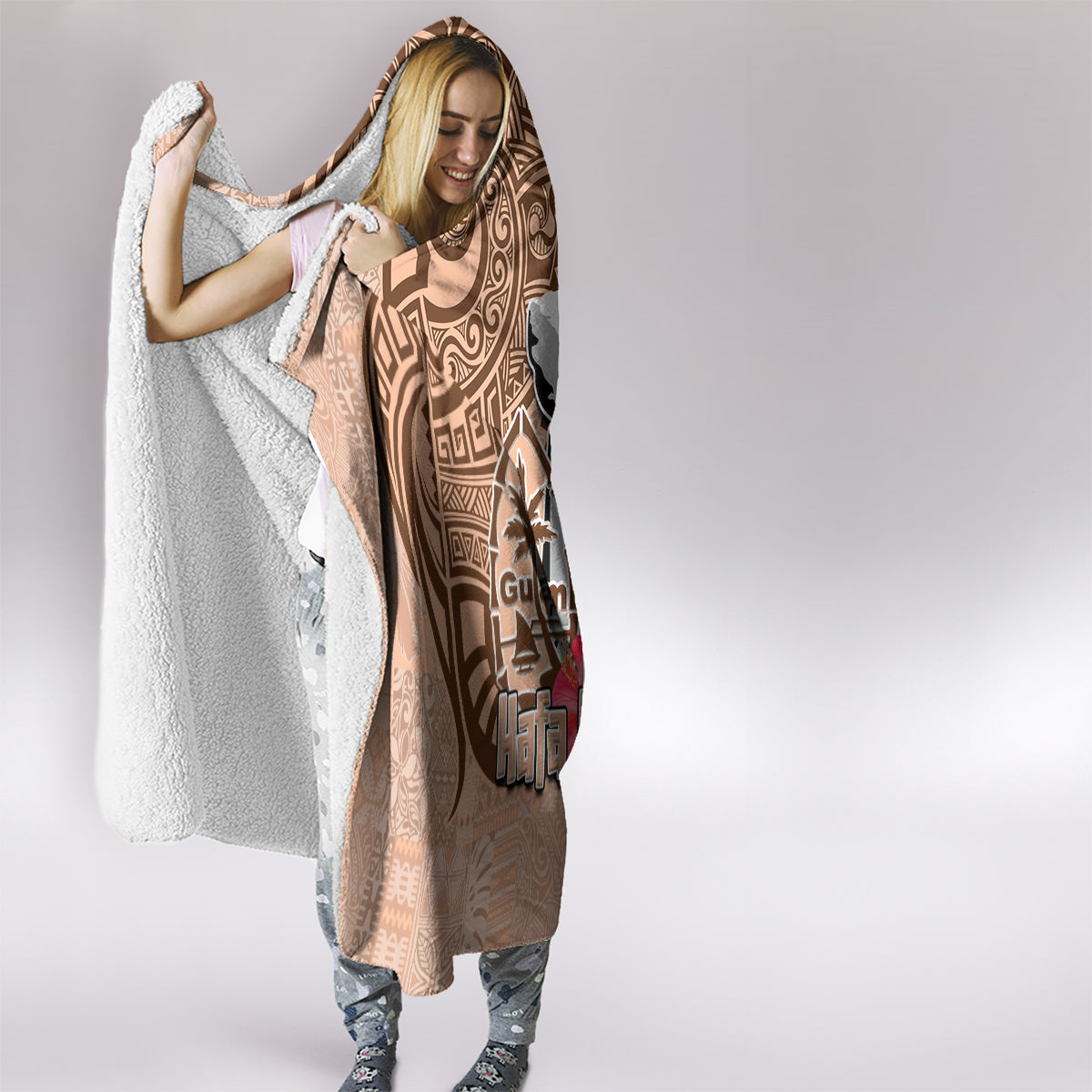 Guam Seal and Latte Stone With Ethnic Tapa Pattern Hooded Blanket Peach Fuzz Color LT03 - Polynesian Pride