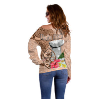 Guam Seal and Latte Stone With Ethnic Tapa Pattern Off Shoulder Sweater Peach Fuzz Color LT03 - Polynesian Pride