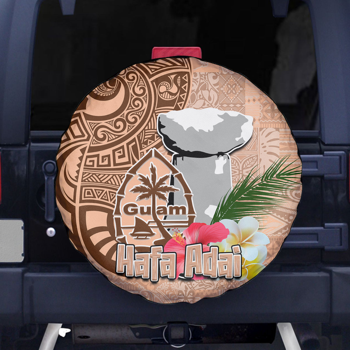 Guam Seal and Latte Stone With Ethnic Tapa Pattern Spare Tire Cover - Peach Fuzz Color LT03 Peach Fuzz - Polynesian Pride