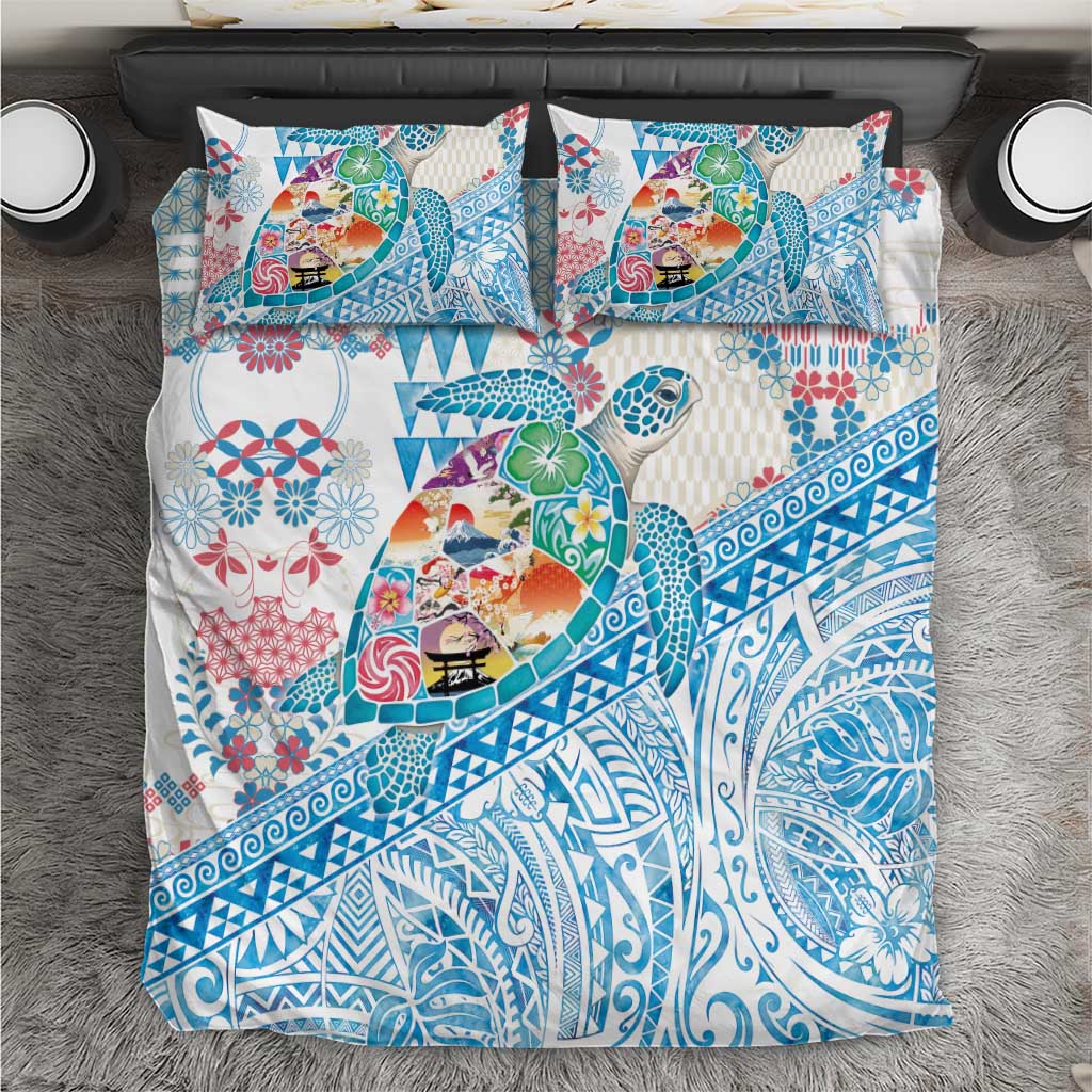 Hawaiian and Japanese Culture Together Bedding Set Tropical Honu with Japanese Elements Blue Color LT03 Blue - Polynesian Pride
