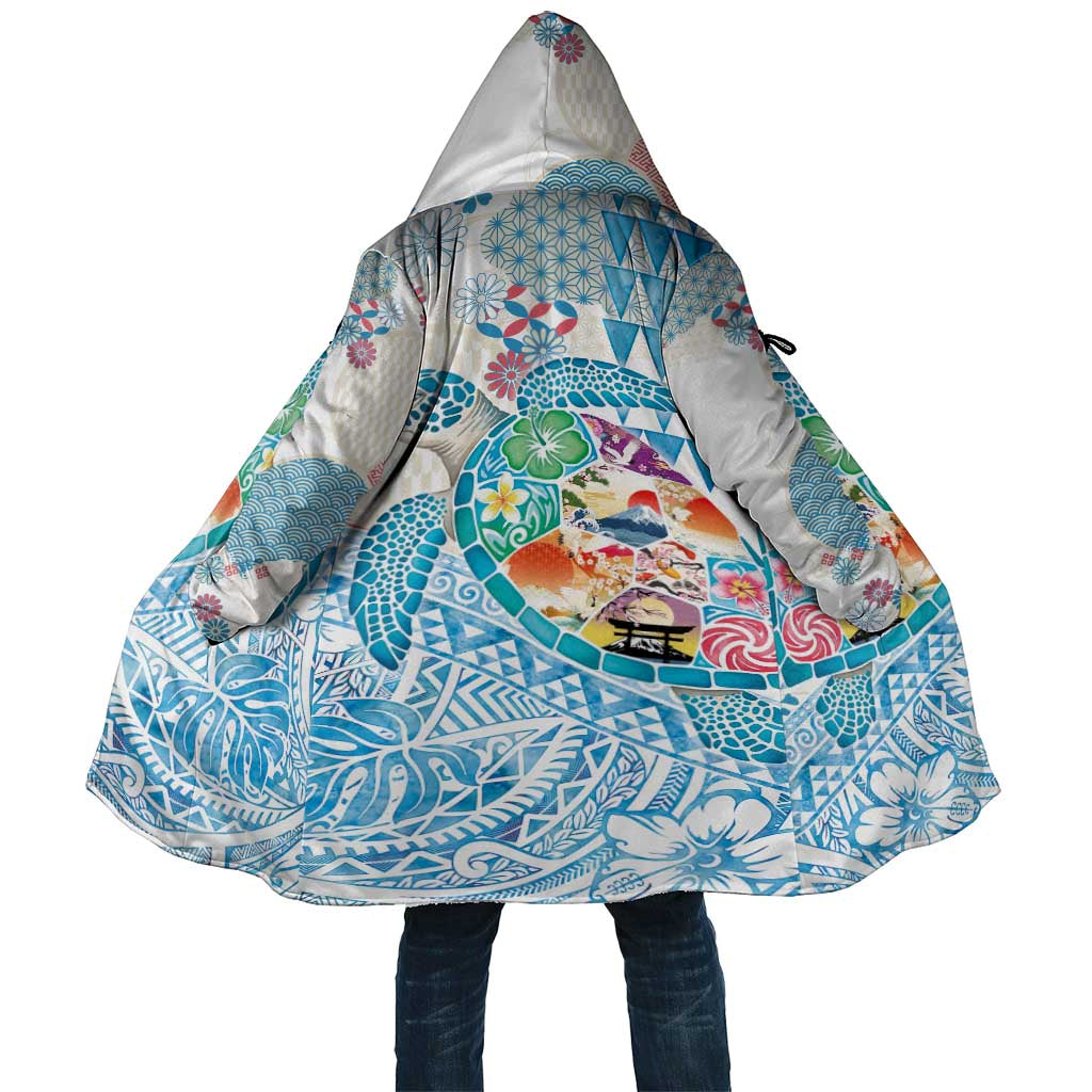 Hawaiian and Japanese Culture Together Cloak Tropical Honu with Japanese Elements Blue Color LT03 Unisex Blue - Polynesian Pride