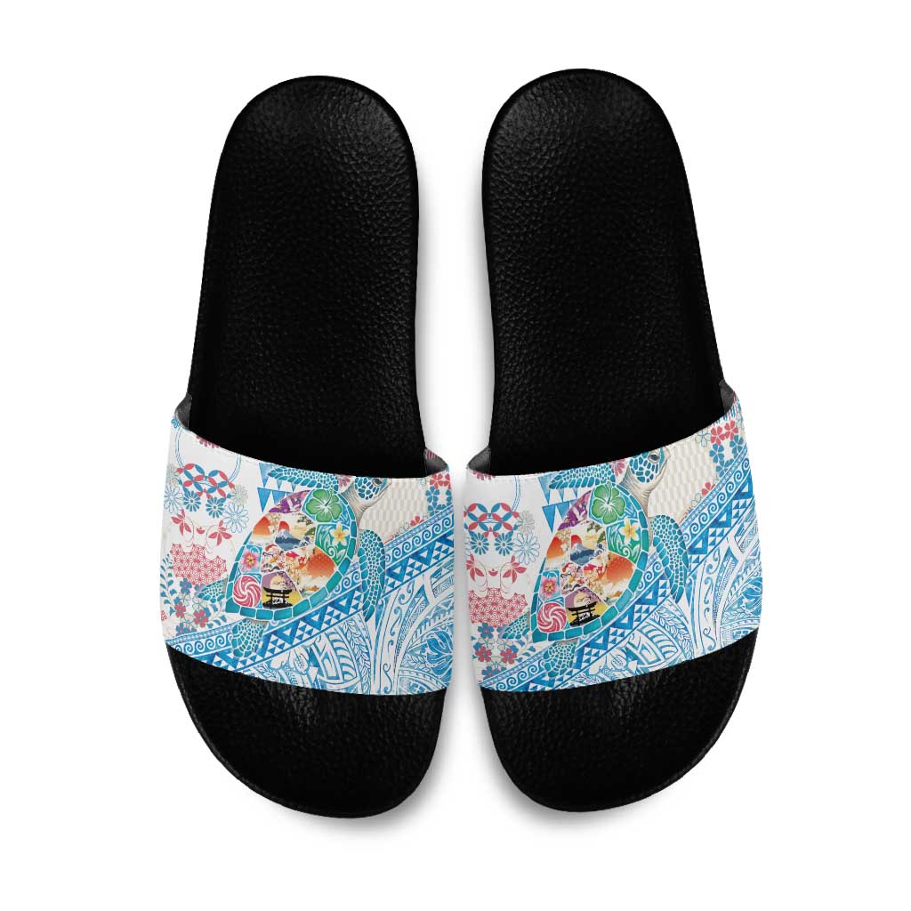 Hawaiian and Japanese Culture Together Slide Sandals Tropical Honu with Japanese Elements Blue Color LT03 Blue - Polynesian Pride
