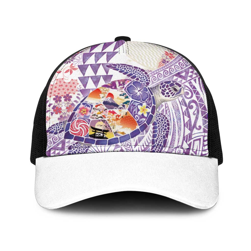 Hawaiian and Japanese Culture Together Baseball Net Cap Tropical Honu with Japanese Elements Purple Color LT03 One Size Black Purple - Polynesian Pride