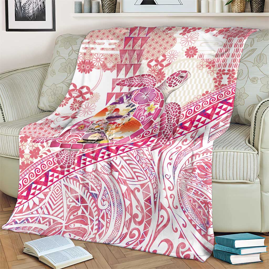 Hawaiian and Japanese Culture Together Blanket Tropical Honu with Japanese Elements Pink Color LT03 - Polynesian Pride
