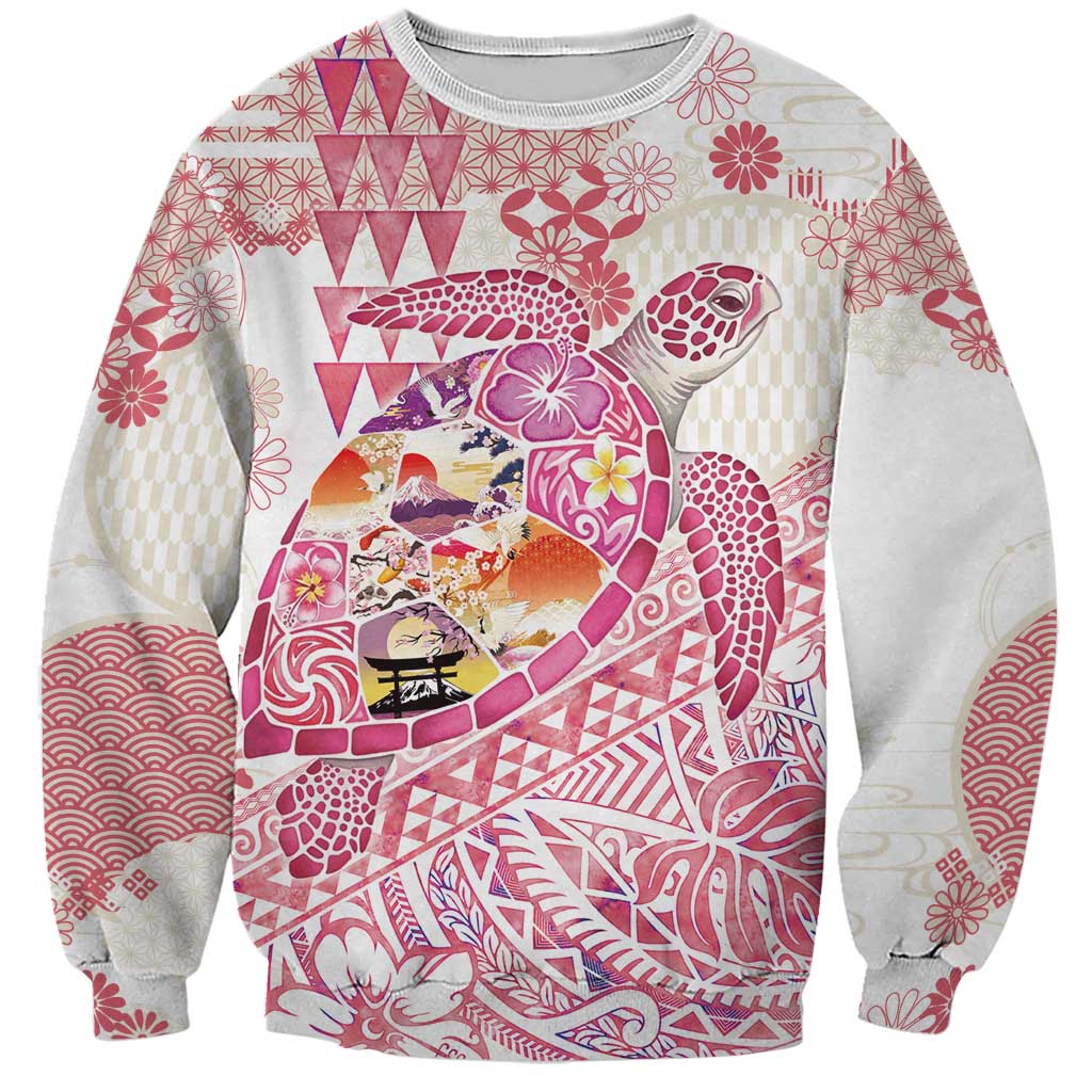 Hawaiian and Japanese Culture Together Sweatshirt Tropical Honu with Japanese Elements Pink Color LT03 Unisex Pink - Polynesian Pride