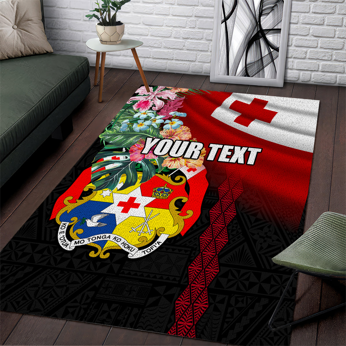 Personalised Tonga Emancipation Day Area Rug Flag Map and Hibiscus Flower Ngatu Pattern LT03 Black - Polynesian Pride