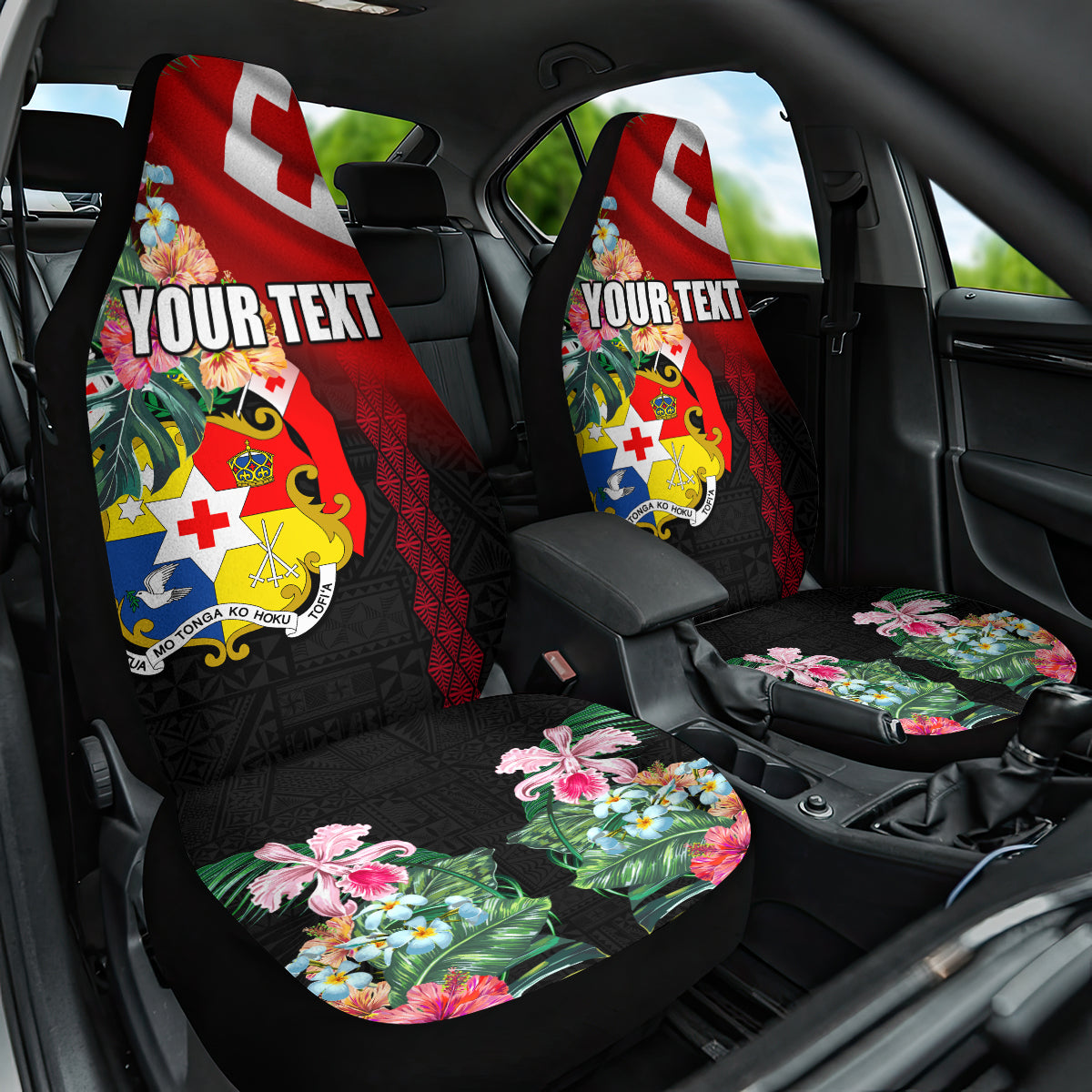 Personalised Tonga Emancipation Day Car Seat Cover Flag Map and Hibiscus Flower Ngatu Pattern LT03 One Size Black - Polynesian Pride