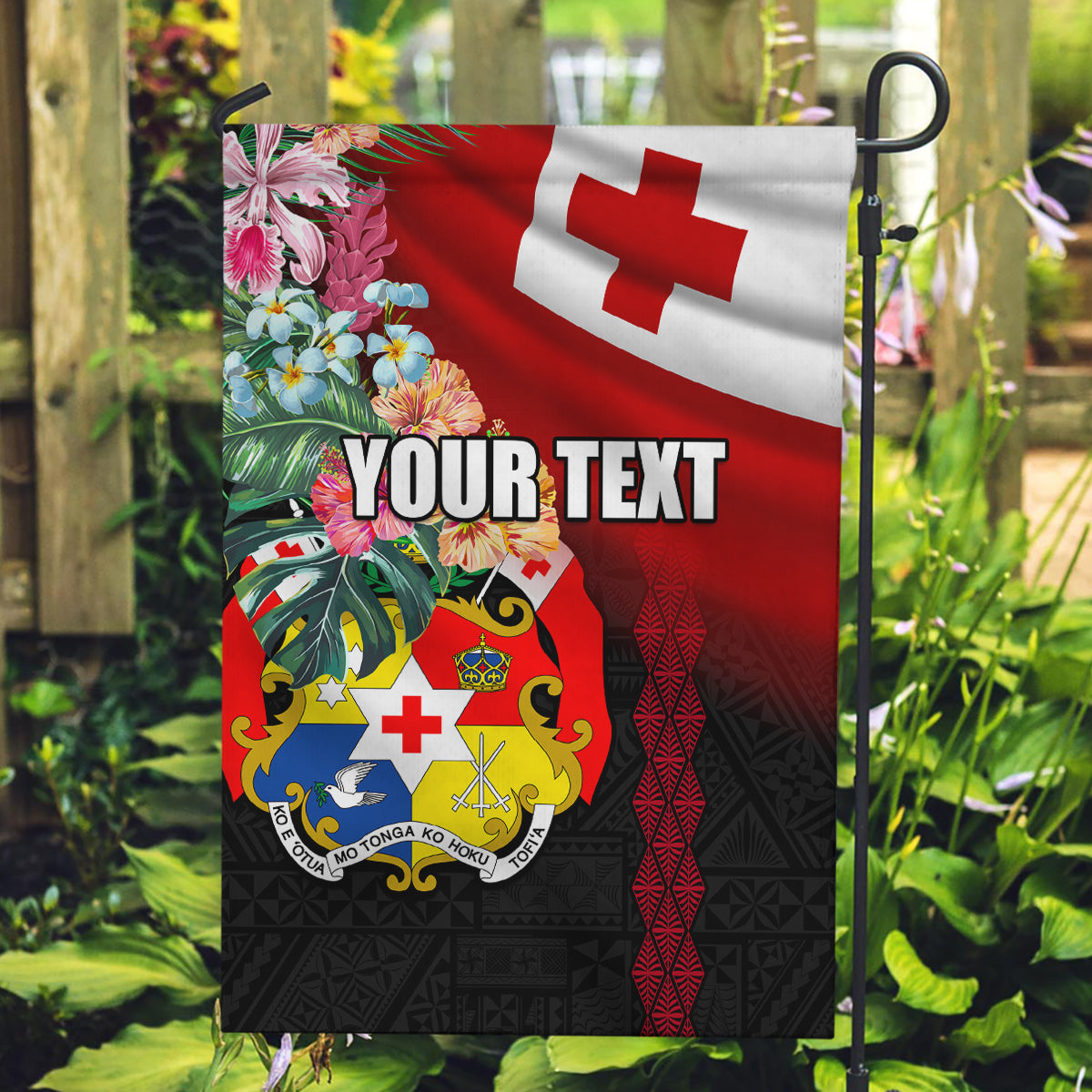 Personalised Tonga Emancipation Day Garden Flag Flag Map and Hibiscus Flower Ngatu Pattern LT03 Garden Flag Black - Polynesian Pride