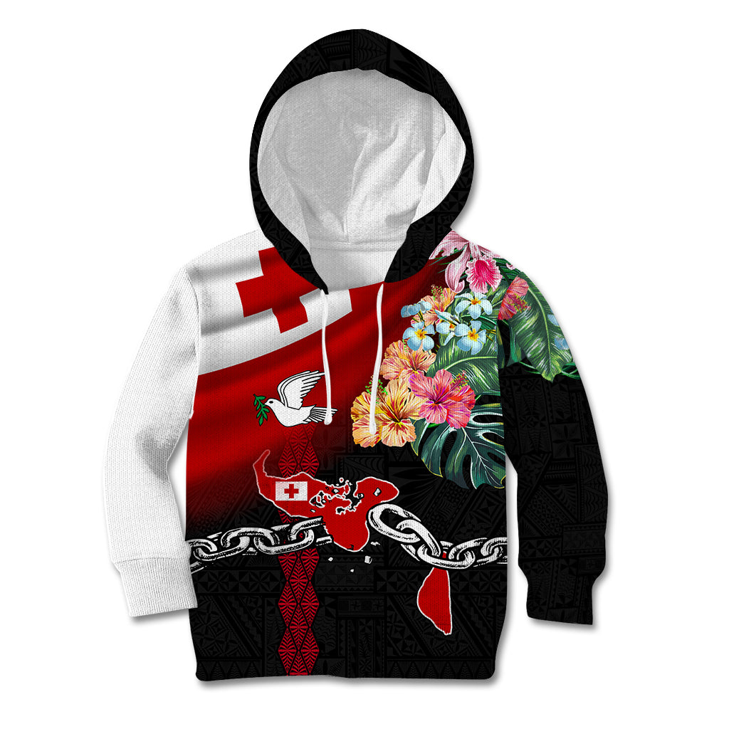 Personalised Tonga Emancipation Day Kid Hoodie Flag Map and Hibiscus Flower Ngatu Pattern LT03 Hoodie Black - Polynesian Pride