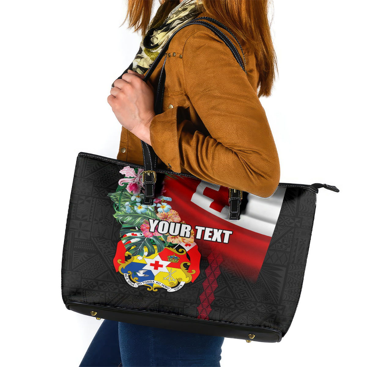 Personalised Tonga Emancipation Day Leather Tote Bag Flag Map and Hibiscus Flower Ngatu Pattern LT03 Black - Polynesian Pride