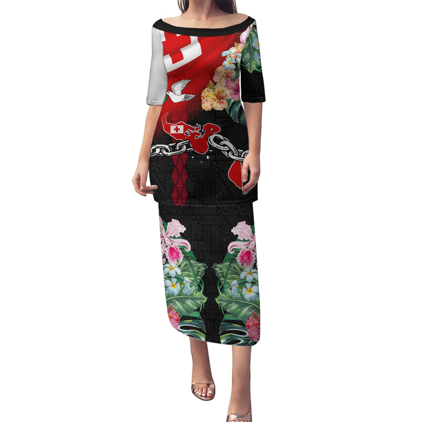 Personalised Tonga Emancipation Day Puletasi Flag Map and Hibiscus Flower Ngatu Pattern LT03 Long Dress Black - Polynesian Pride