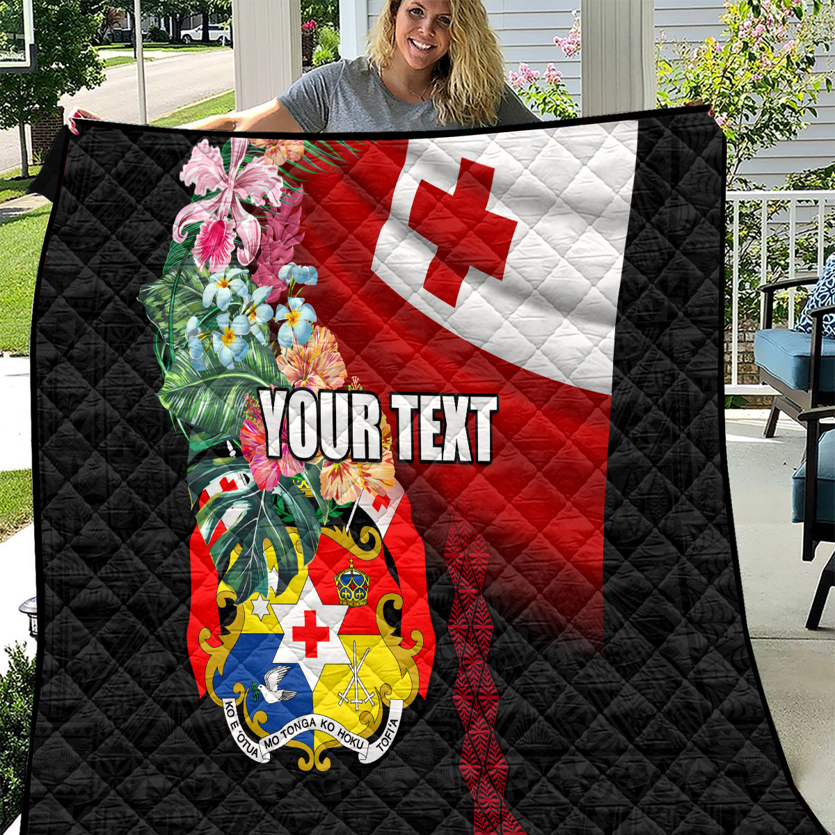 Personalised Tonga Emancipation Day Quilt Flag Map and Hibiscus Flower Ngatu Pattern LT03 Black - Polynesian Pride