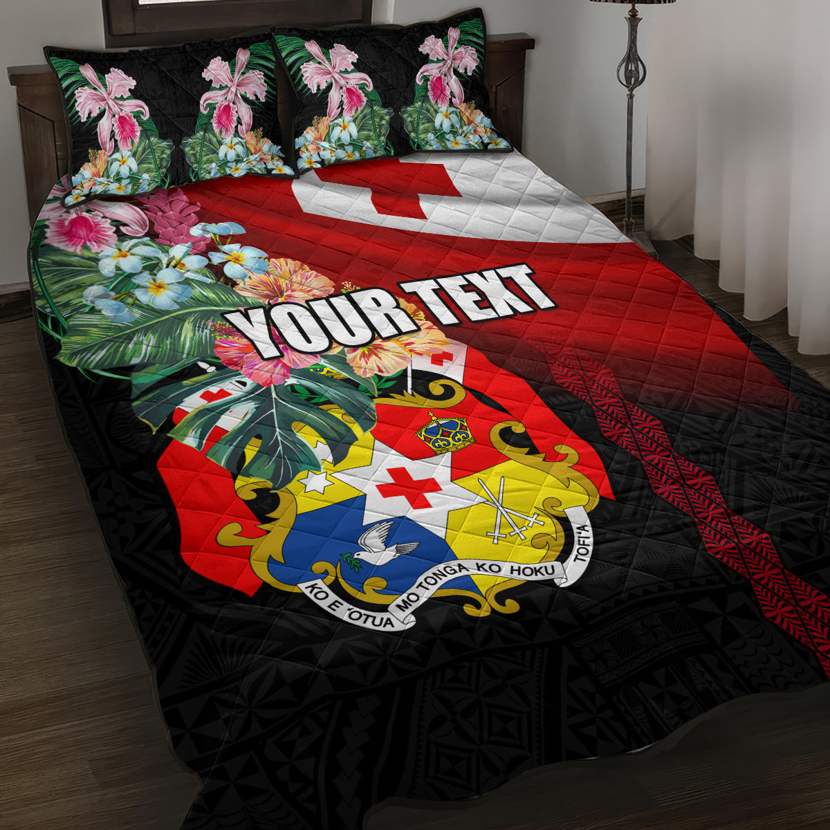 Personalised Tonga Emancipation Day Quilt Bed Set Flag Map and Hibiscus Flower Ngatu Pattern LT03 Black - Polynesian Pride