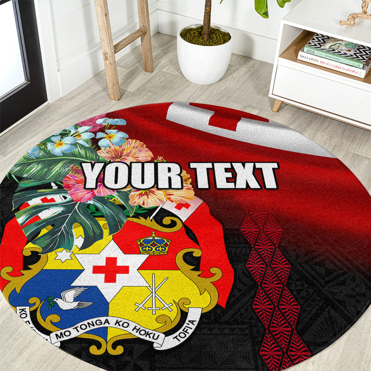 Personalised Tonga Emancipation Day Round Carpet Flag Map and Hibiscus Flower Ngatu Pattern LT03 Black - Polynesian Pride