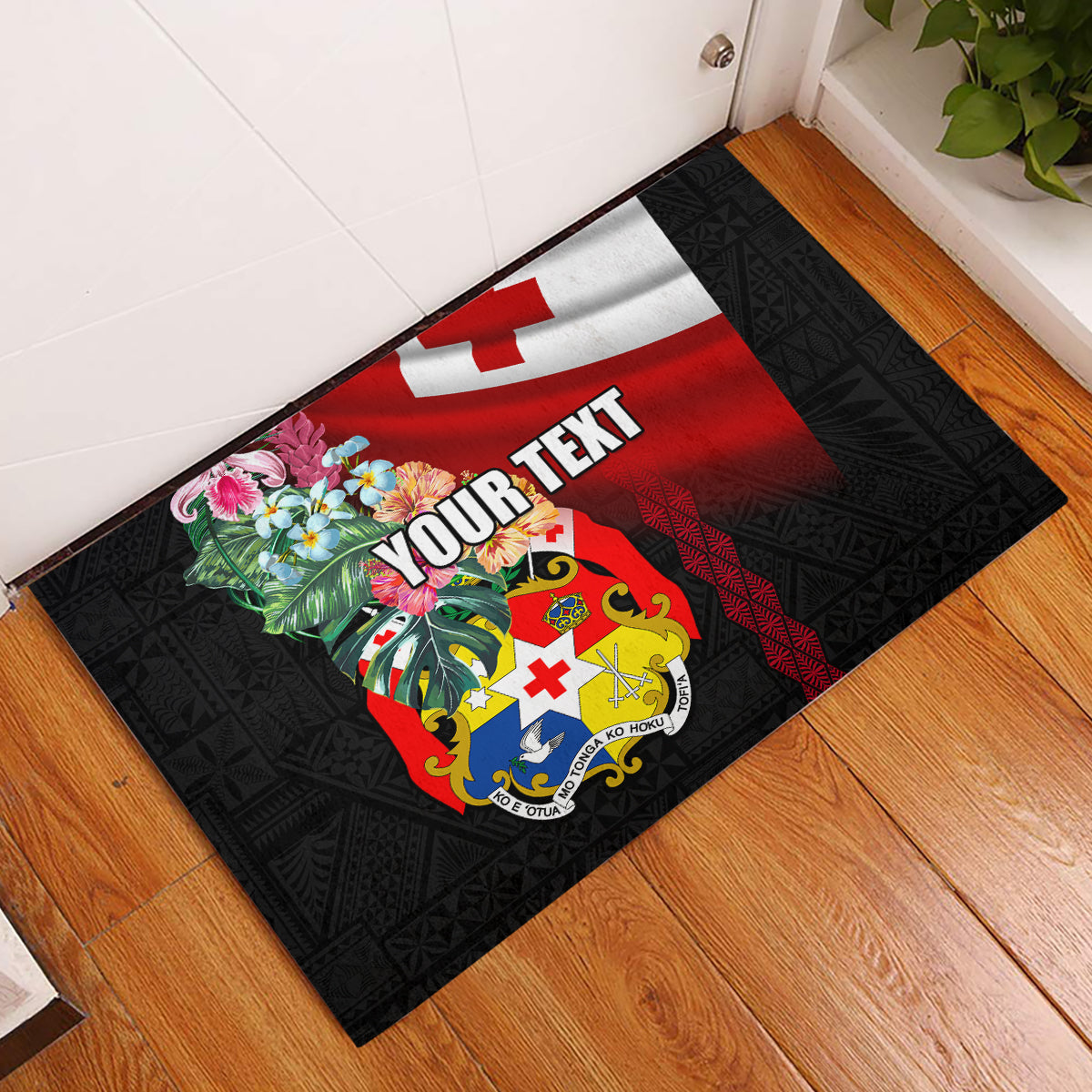 Personalised Tonga Emancipation Day Rubber Doormat Flag Map and Hibiscus Flower Ngatu Pattern LT03 Black - Polynesian Pride