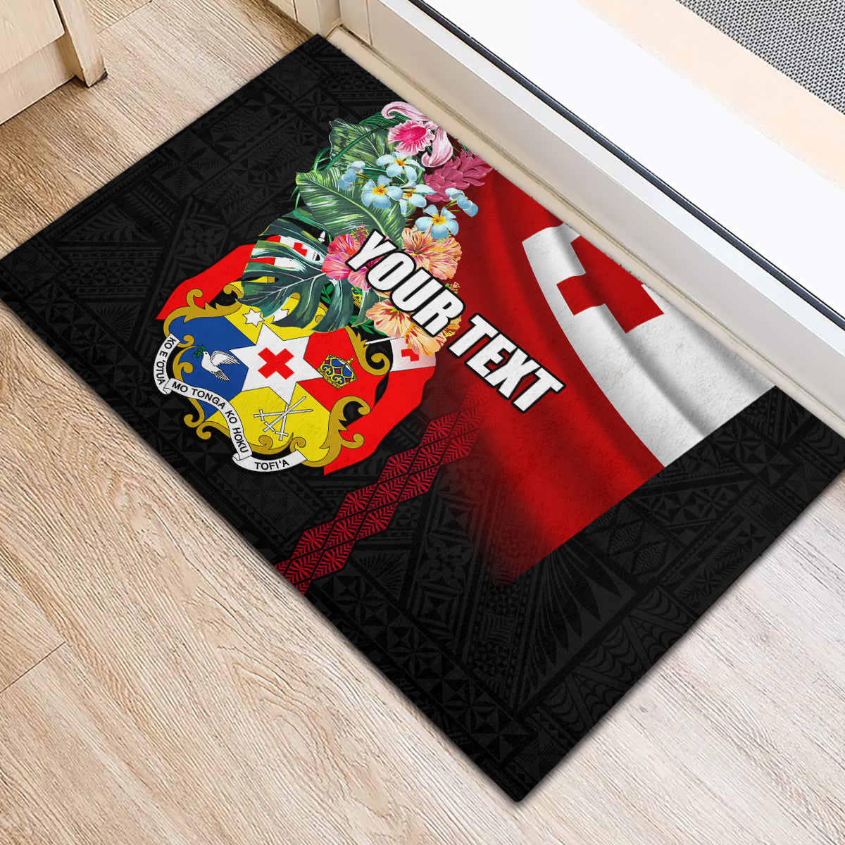 Personalised Tonga Emancipation Day Rubber Doormat Flag Map and Hibiscus Flower Ngatu Pattern LT03 - Polynesian Pride