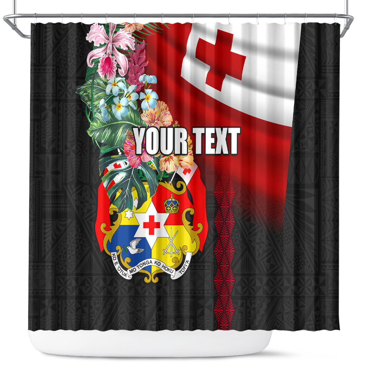 Personalised Tonga Emancipation Day Shower Curtain Flag Map and Hibiscus Flower Ngatu Pattern LT03 Black - Polynesian Pride