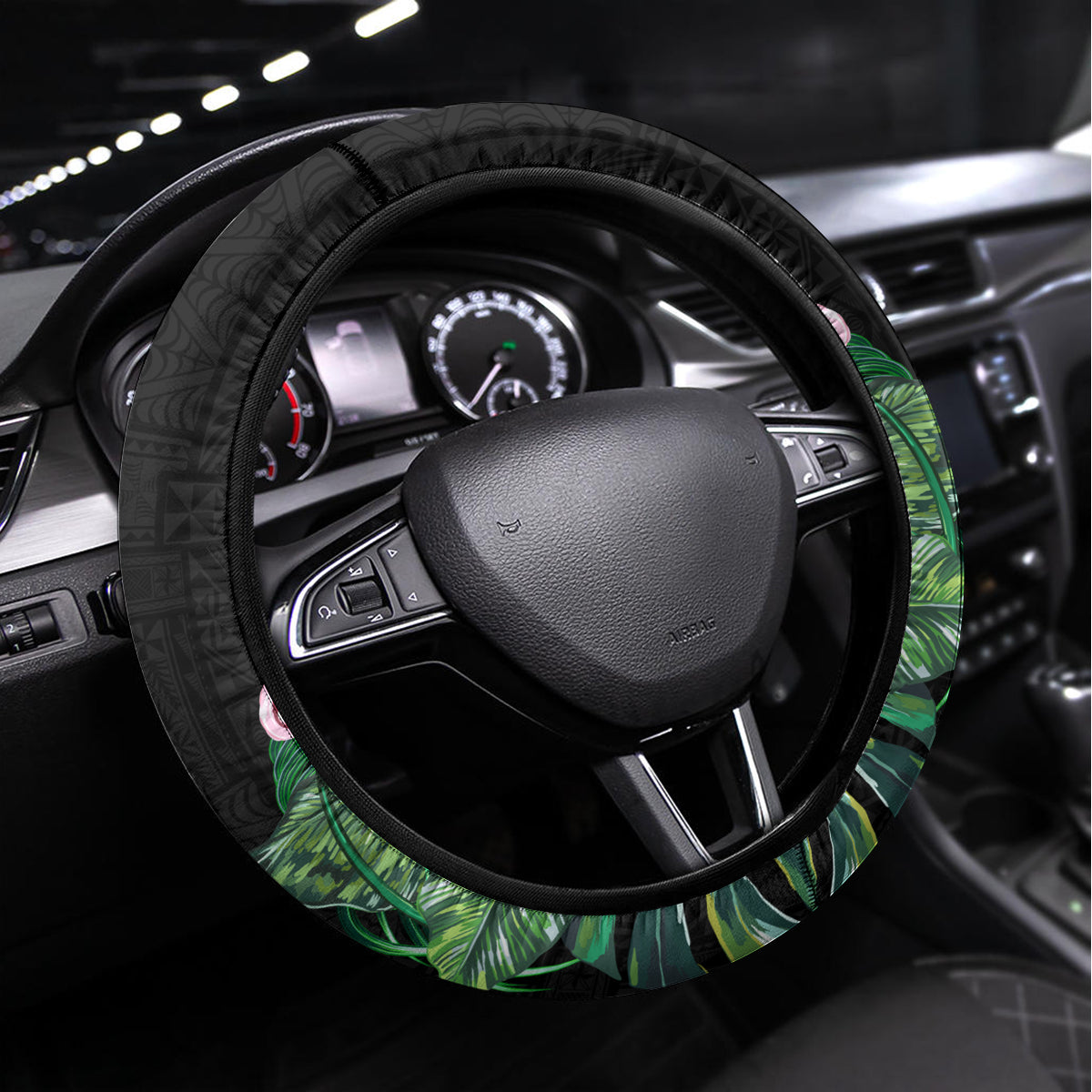 Tonga Emancipation Day Steering Wheel Cover Flag Map and Hibiscus Flower Ngatu Pattern LT03 Universal Fit Black - Polynesian Pride