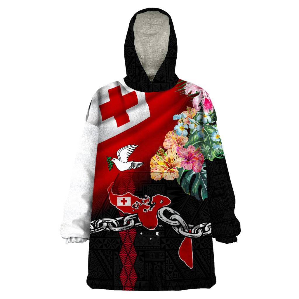 Personalised Tonga Emancipation Day Wearable Blanket Hoodie Flag Map and Hibiscus Flower Ngatu Pattern LT03 One Size Black - Polynesian Pride