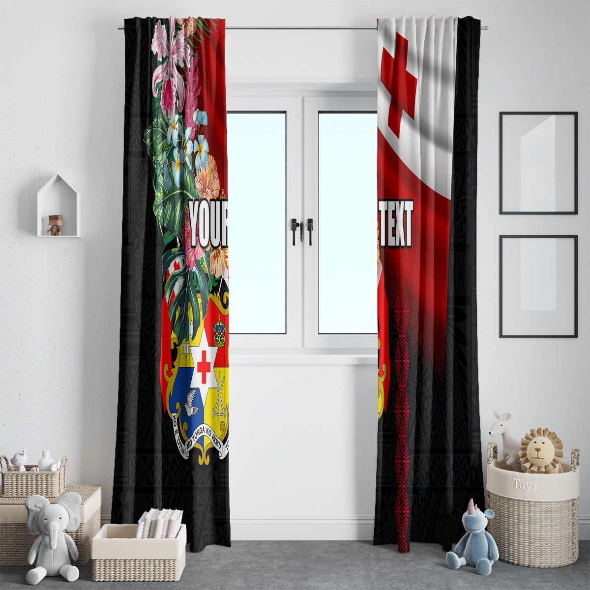 Personalised Tonga Emancipation Day Window Curtain Flag Map and Hibiscus Flower Ngatu Pattern LT03 - Polynesian Pride