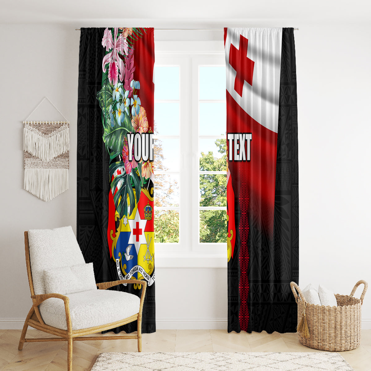 Personalised Tonga Emancipation Day Window Curtain Flag Map and Hibiscus Flower Ngatu Pattern LT03 - Polynesian Pride