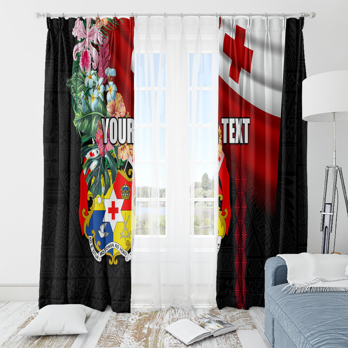 Personalised Tonga Emancipation Day Window Curtain Flag Map and Hibiscus Flower Ngatu Pattern LT03 - Polynesian Pride